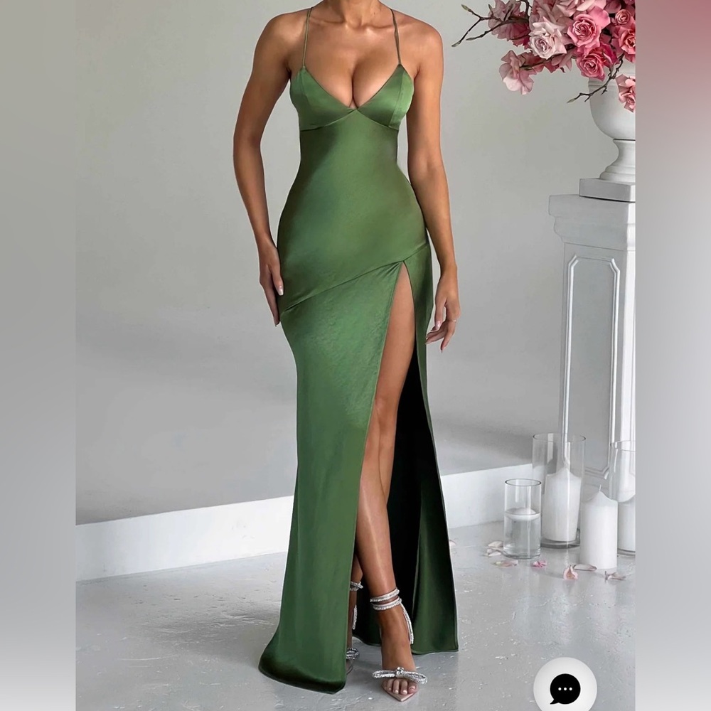 Strapless Asymmetrical Olive Green Satin Dress